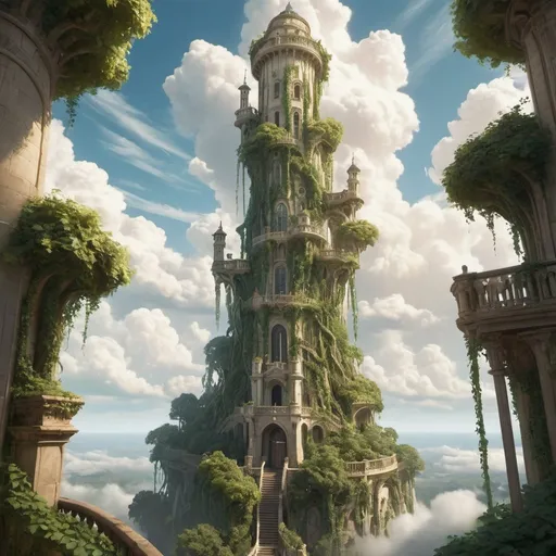 Prompt: An enormously tall fantasy tower that climbs all the up into the clouds and it's adorned with vines along it's ivory walls