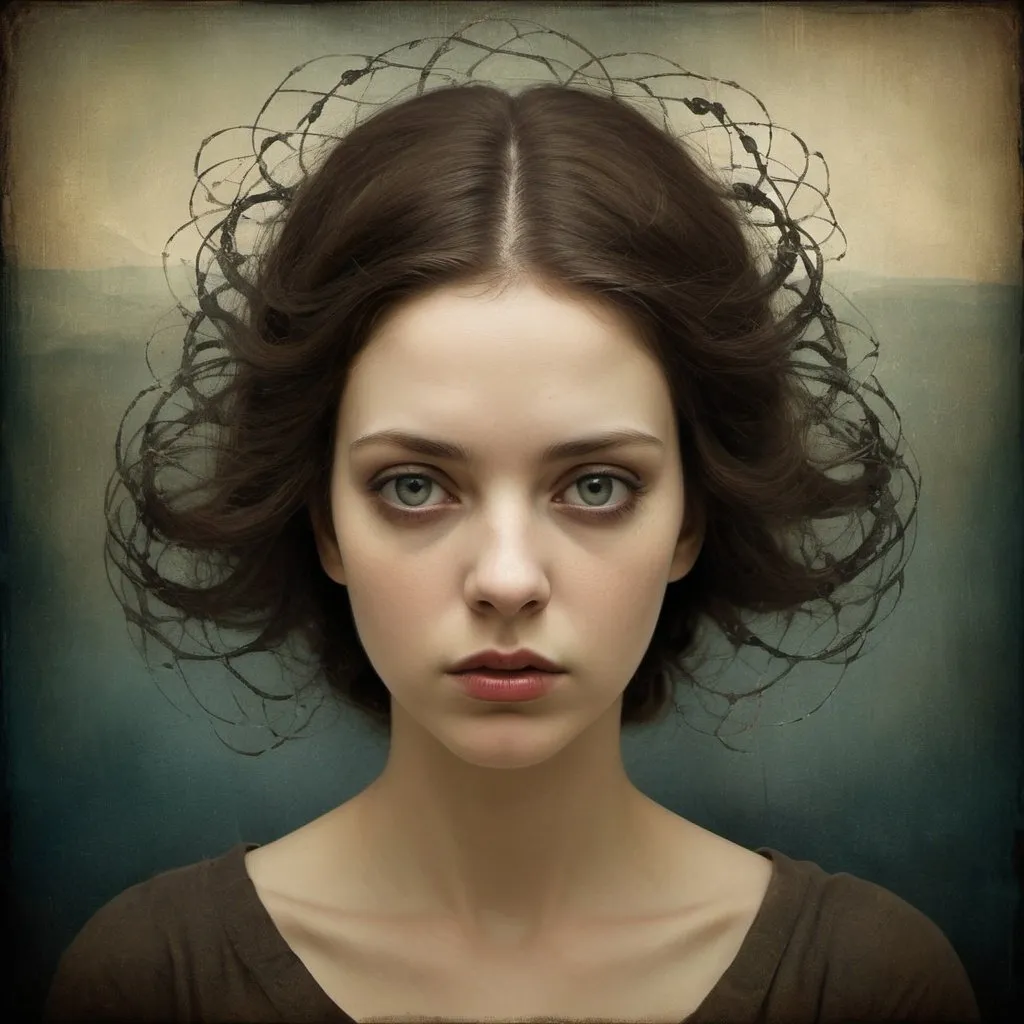 Prompt: Insecurities hidden behind a beautiful face, surreal artistic style, dark and haunting, multi-layered emotions, high quality, surrealism, dark tones, detailed features, hidden depths, emotional turmoil, artistic masterpiece, Christian Schloe, Gabriel Pacheco, Patricia Polacco, intense gaze, surreal beauty, intense emotions, hidden fears, haunting, highres, emotional, detailed, dark surrealism, multi-layered