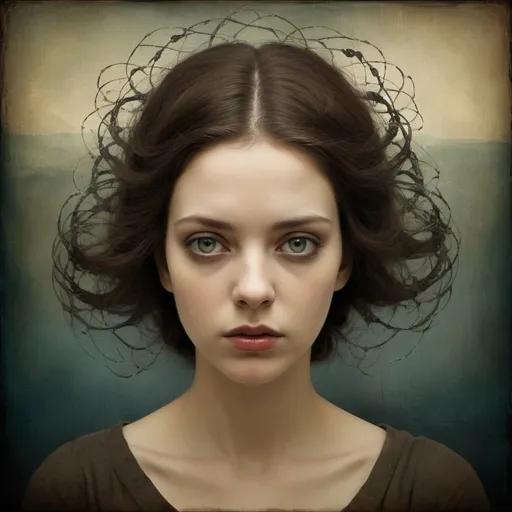 Prompt: Insecurities hidden behind a beautiful face, surreal artistic style, dark and haunting, multi-layered emotions, high quality, surrealism, dark tones, detailed features, hidden depths, emotional turmoil, artistic masterpiece, Christian Schloe, Gabriel Pacheco, Patricia Polacco, intense gaze, surreal beauty, intense emotions, hidden fears, haunting, highres, emotional, detailed, dark surrealism, multi-layered