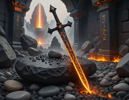 Prompt: A magnificent straight black steel sword rises dramatically from a bed of smooth stones, its blade shimmering with a flaming glow, adorned with inscribed glowing golden arcane runes and a regal hilt, appears almost otherworldly, with fiery embers flickering at its base, casting a warm glow against the dark. Towering stone columns rise in the background, shrouded in mist, hinting at the vastness of the subterranean landscape, enhancing the mystical atmosphere.