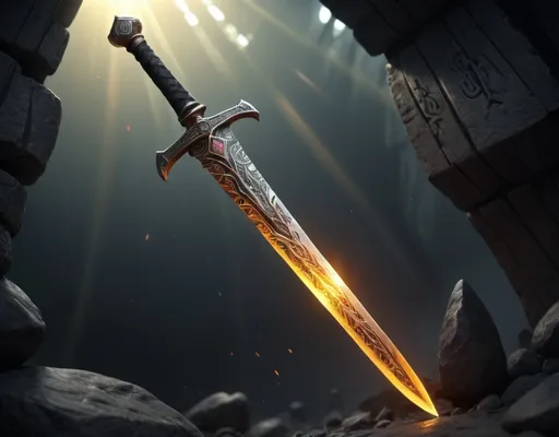 Prompt: black steel Xiphos sword, fantasy design, intricate ancient runes glowing with solar energy, dramatic lighting illuminating the sword, sleek edges reflecting light, mystical atmosphere, darkened background, high detail, ultra-detailed, 4K resolution, showcasing craftsmanship of the weapon, an epic and magical essence, enchanting visual presence