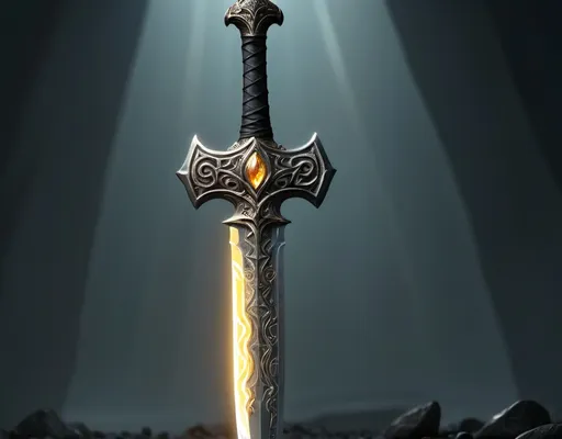 Prompt: black steel Xiphos sword, fantasy design, intricate ancient runes glowing with solar energy, dramatic lighting illuminating the sword, sleek edges reflecting light, mystical atmosphere, darkened background, high detail, ultra-detailed, 4K resolution, showcasing craftsmanship of the weapon, an epic and magical essence, enchanting visual presence