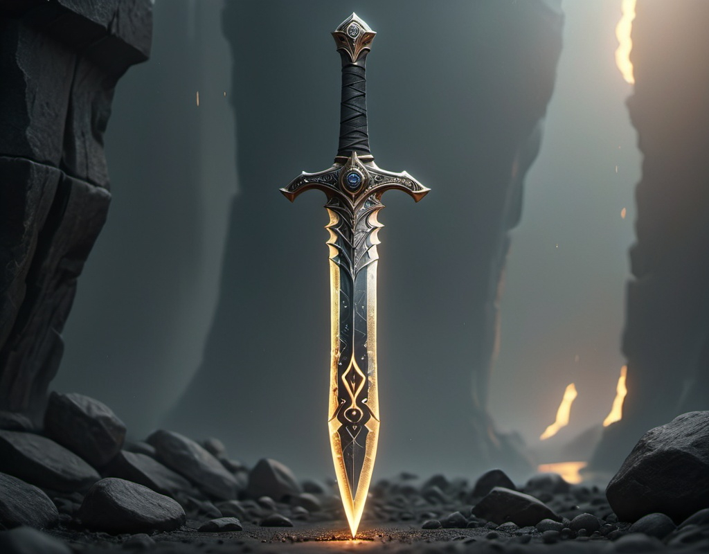 Prompt: black steel Xiphos sword, fantasy design, intricate ancient runes glowing with solar energy, dramatic lighting illuminating the sword, sleek edges reflecting light, mystical atmosphere, darkened background, high detail, ultra-detailed, 4K resolution, showcasing craftsmanship of the weapon, an epic and magical essence, enchanting visual presence