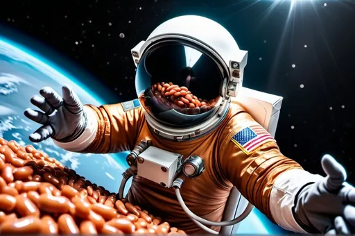 Prompt: An space suit filled full of baked beans in space, space suit is torn open at the arm and beans are floating everywhere, dramatic, depth of field, 8k photo, HDR, professional lighting, taken with Canon EOS R5, 75mm lens, wide angle