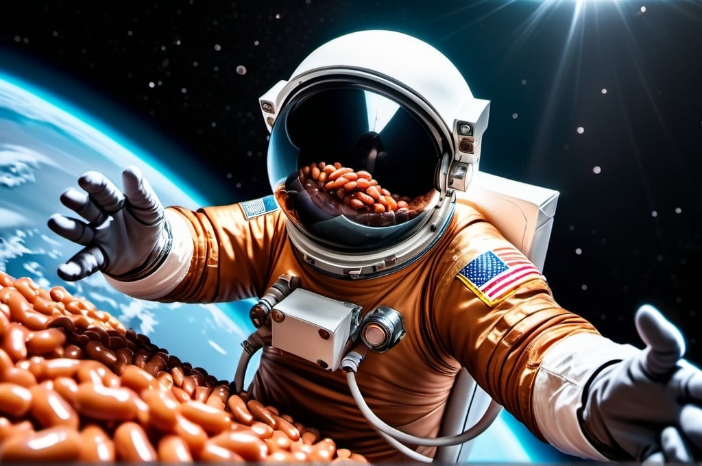 Prompt: An space suit filled full of baked beans in space, space suit is torn open at the arm and beans are floating everywhere, dramatic, depth of field, 8k photo, HDR, professional lighting, taken with Canon EOS R5, 75mm lens, wide angle