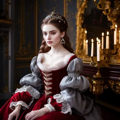 Prompt: young stunning female beauty, deep gray eyes, deep look, very long red hair, light contrast, baroque intricate portrait, baroque rich detailed dress, young female noble sitting in her rich baroque house, style of François Boucher