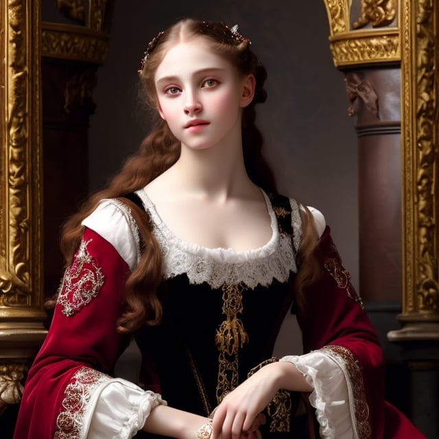 Prompt: young stunning female beauty, deep gray eyes, deep look, very long red hair, light contrast, baroque intricate portrait, baroque rich detailed dress, young female noble sitting in her rich baroque house, style of William-Adolphe Bouguereau 