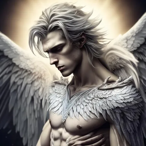 Prompt: Male beautiful angel with big black wings, extra long blonde hair, pale gray eyes, perfect male anatomy, armonious, thin male anatomy, light contrast, awesome, intricate, detail, sunlight,nature, paradise, beatitude