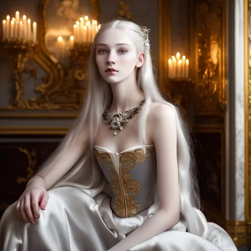 Prompt: young stunning female beauty with delicate pale face, deep gray eyes, deep look, very long blonde hair, light contrast, female noble beauty, rinascimental portrait, baroque rich dress, young female noble sitting in her rich baroque house