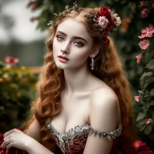 Prompt: young stunning female nymph, deep gray eyes, deep look, very long red hair, light contrast, baroque intricate portrait, baroque rich detailed dress, young female nymph sitting in her garden house, style of Rubens art
