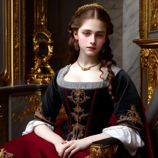 Prompt: young stunning female beauty, deep gray eyes, deep look, very long red hair, light contrast, baroque intricate portrait, baroque rich detailed dress, young female noble sitting in her rich baroque house, style of William-Adolphe Bouguereau 
