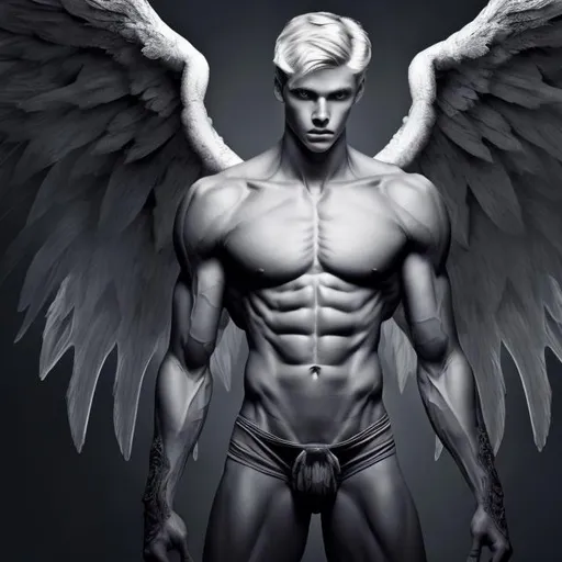 Prompt: Male beautiful angel with big black wings, extra long blonde hair, pale gray eyes, perfect male anatomy, armonious, thin muscle male anatomy, light contrast, awesome, intricate, detail, sunlight