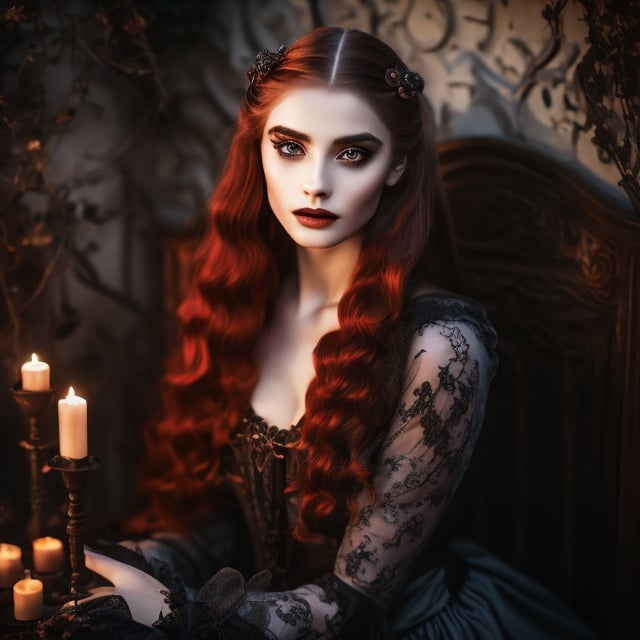 Prompt: young stunning witch, deep gray eyes, deep look, very long red hair, light contrast, baroque intricate portrait, young female witch sitting in her garden house
