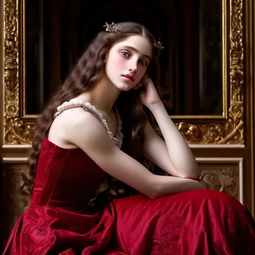 Prompt: young stunning female beauty, deep gray eyes, deep look, very long red hair, light contrast, baroque intricate portrait, baroque rich detailed dress, young female noble sitting in her rich baroque house, style of William-Adolphe Bouguereau 