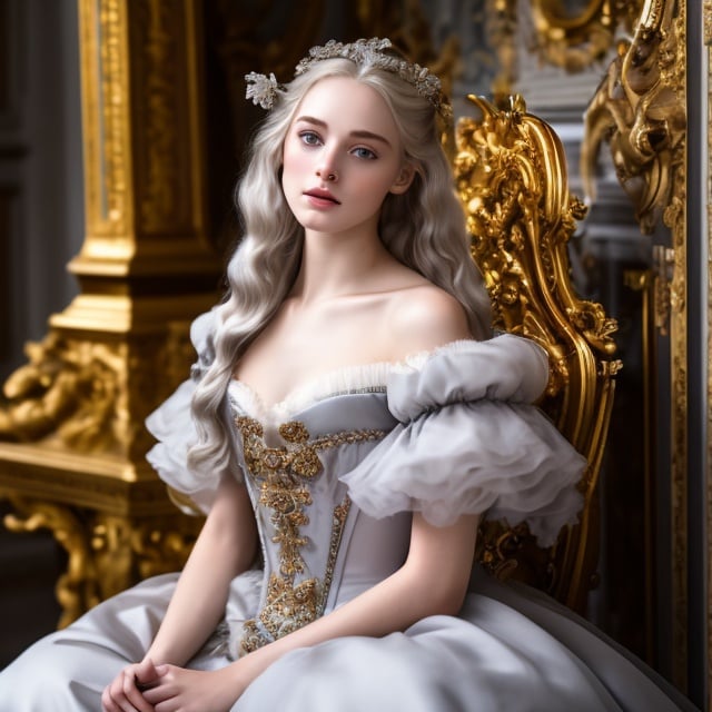 Prompt: young stunning female beauty with delicate pale face, deep gray eyes, deep look, very long blonde hair, light contrast, female noble beauty, baroque intricate portrait, baroque rich detailed dress, young female noble sitting in her rich baroque house, style of François Boucher