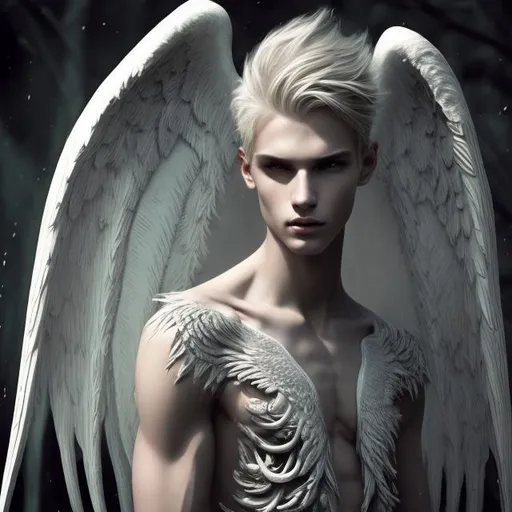 Prompt: Male beautiful angel with big black wings, extra long blonde hair, pale gray eyes, perfect male anatomy, armonious, thin male anatomy, light contrast, awesome, intricate, detail, sunlight,nature, paradise, beatitude, natural light