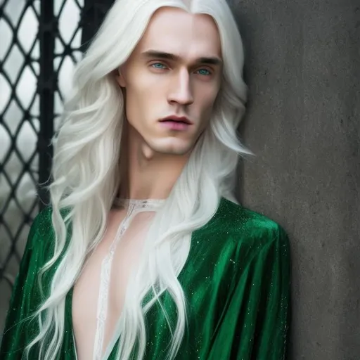 Prompt: HD, 4K, 8K, noble pureblood wizard,Malfoy, Lucius, male beauty,high detail, handsome, extra long blonde hair, light contrast, thin face, delicate but viril,blonde beauty, ethereal, splendid green dress