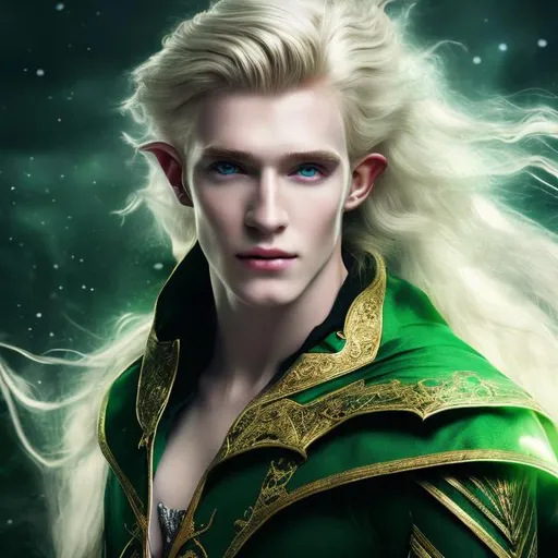 Prompt: HD, 4K, 8K, noble pureblood wizard, male beauty,high detail, handsome long blonde hair, light contrast, elf beauty, ethereal, splendid green dress