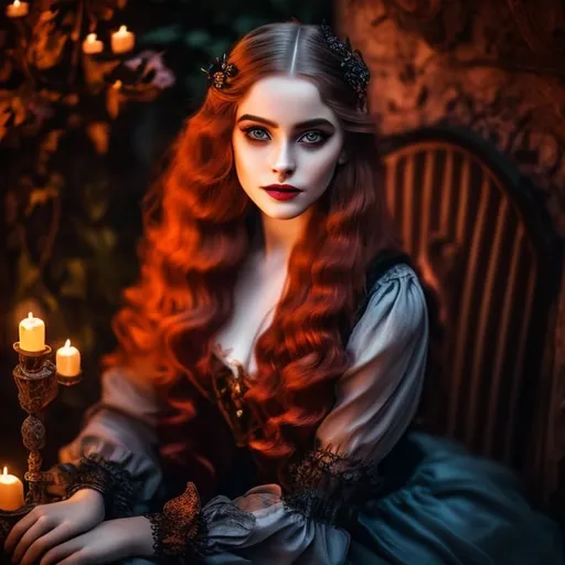 Prompt: young stunning witch, deep gray eyes, deep look, very long red hair, light contrast, baroque intricate portrait, young female witch sitting in her garden house

