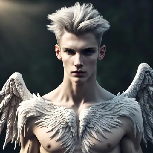 Prompt: Male beautiful angel with big black wings and extra long blonde hair, pale gray eyes, great male anatomy, armonious, thin male anatomy, light contrast, awesome, intricate, detail, sunlight,nature, paradise, beatitude, natural light