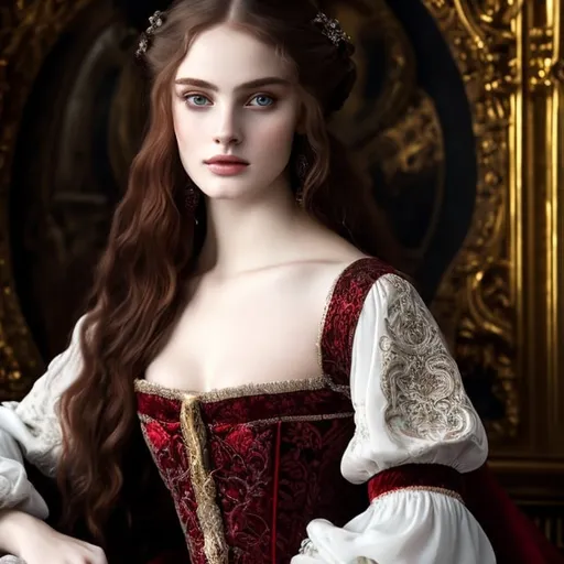 Prompt: young stunning female beauty, deep gray eyes, deep look, very long red hair, light contrast, baroque intricate portrait, baroque rich detailed dress, young female noble sitting in her rich baroque house, Pre-Raphaelite style, style of Dante Gabriel Rossetti