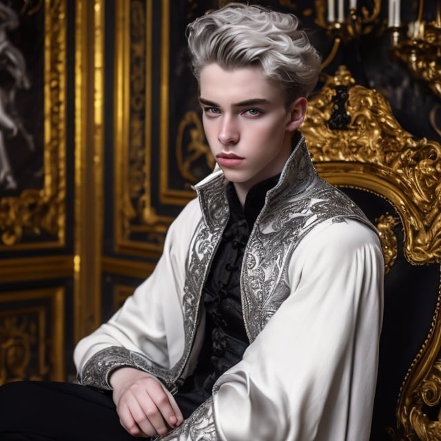 Prompt: young stunning male beauty with delicate pale face, deep gray eyes, deep look, very long blonde hair, light contrast, male noble beauty, rinascimental portrait, young male noble sitting in his rich baroque house, wearing rich intricate black dress