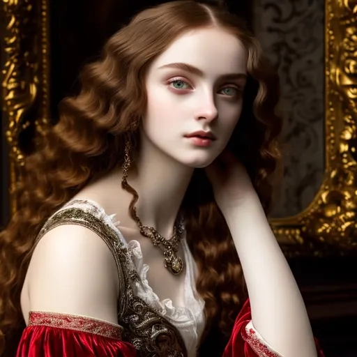 Prompt: young stunning female beauty, deep gray eyes, deep look, very long red hair, light contrast, baroque intricate portrait, baroque rich detailed dress, young female noble sitting in her rich baroque house, Pre-Raphaelite style, style of Dante Gabriel Rossetti