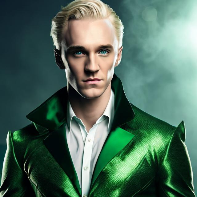 Prompt: HD, 4K, 8K, noble pureblood wizard,Malfoy, male beauty,high detail, handsome long blonde hair, light contrast, blonde beauty, ethereal, splendid green dress