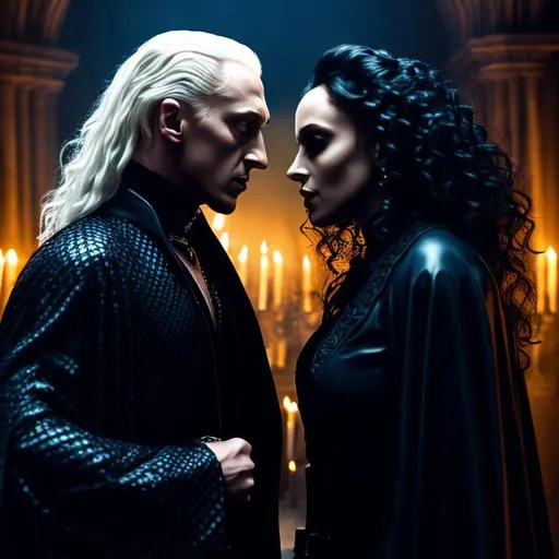 Prompt: HD, 4K, 8K, Bellatrix Lestrange and Lucius Malfoy confronting, sensual couple, fight, light contrast, perfect anatomy, sensual goth evil witch, noble handsome male, detailed, blonde and black contrast,passion, torment