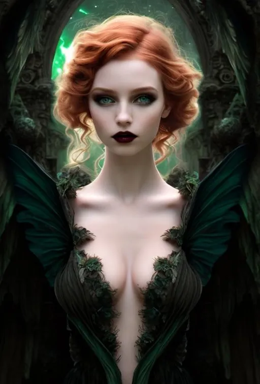 Prompt: HD, 4K, 3D, Stunning, magic, cinematic camera, gothic beauty, ethereal green wings,fairy queen,gothic enchanted, light contrast, long, curly redhead hair, lovely, romantic, tender, purple light, moon glow, perfect female beauty, intricate, pale traslucent skin