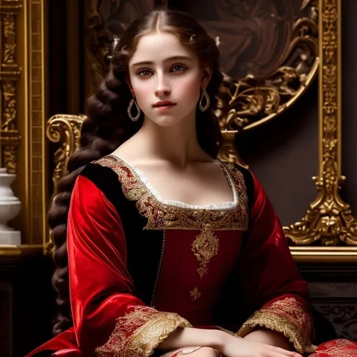 Prompt: young stunning female beauty, deep gray eyes, deep look, very long red hair, light contrast, baroque intricate portrait, baroque rich detailed dress, young female noble sitting in her rich baroque house, style of William-Adolphe Bouguereau 