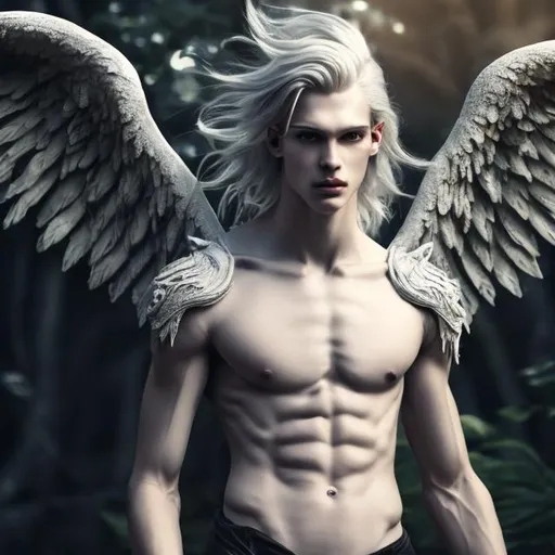 Prompt: Male beautiful angel with big black wings and extra long blonde hair, pale gray eyes, perfect male anatomy, armonious, thin male anatomy, light contrast, awesome, intricate, detail, sunlight,nature, paradise, beatitude, natural light