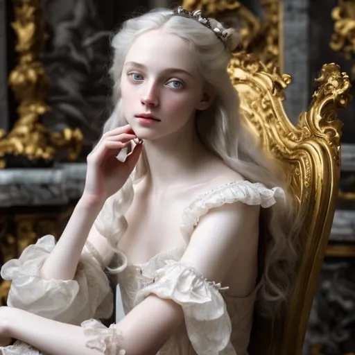 Prompt: young stunning female beauty with delicate pale face, deep gray eyes, deep look, very long blonde hair, light contrast, female noble beauty, baroque intricate portrait, baroque rich detailed dress, young female noble sitting in her rich baroque house, style of François Boucher