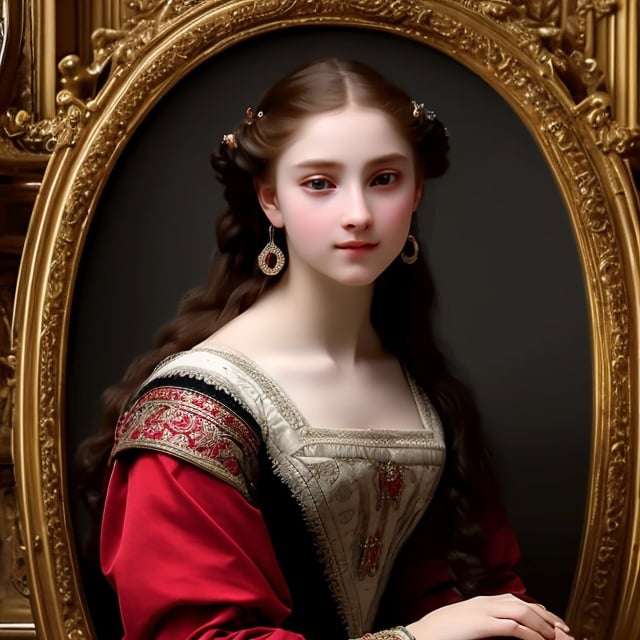 Prompt: young stunning female beauty, deep gray eyes, deep look, very long red hair, light contrast, baroque intricate portrait, baroque rich detailed dress, young female noble sitting in her rich baroque house, style of William-Adolphe Bouguereau 