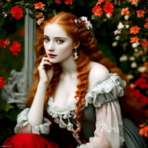 Prompt: young stunning female nymph, deep gray eyes, deep look, very long red hair, light contrast, baroque intricate portrait, young female nymph sitting in her garden house, style of Rubens art
