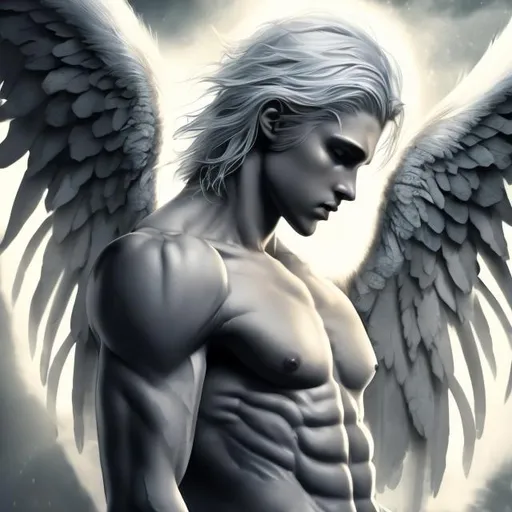 Prompt: Male beautiful angel with big black wings, extra long blonde hair, pale gray eyes, perfect male anatomy, armonious, thin male anatomy, light contrast, awesome, intricate, detail, sunlight,nature, paradise, beatitude