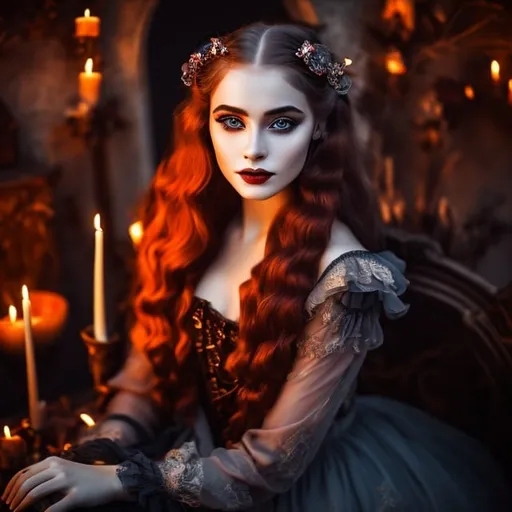 Prompt: young stunning witch, deep gray eyes, deep look, very long red hair, light contrast, baroque intricate portrait, young female witch sitting in her garden house
