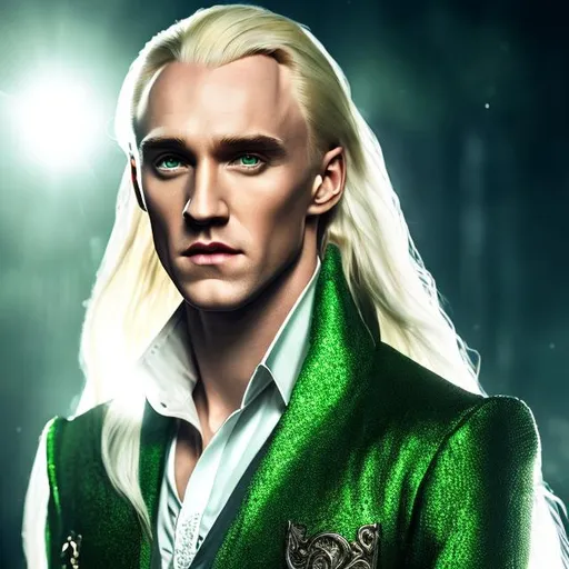 Prompt: HD, 4K, 8K, noble pureblood wizard,Malfoy, male beauty,high detail, handsome, extra long blonde hair, light contrast, blonde beauty, ethereal, splendid green dress