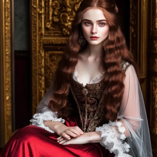 Prompt: young stunning female beauty, deep gray eyes, deep look, very long red hair, light contrast, baroque intricate portrait, baroque rich detailed dress, young female noble sitting in her rich baroque house, style of Dante Gabriel Rossetti