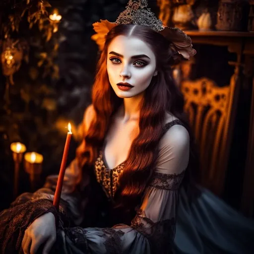 Prompt: young stunning witch, deep gray eyes, deep look, very long red hair, light contrast, baroque intricate portrait, young female witch sitting in her garden house
