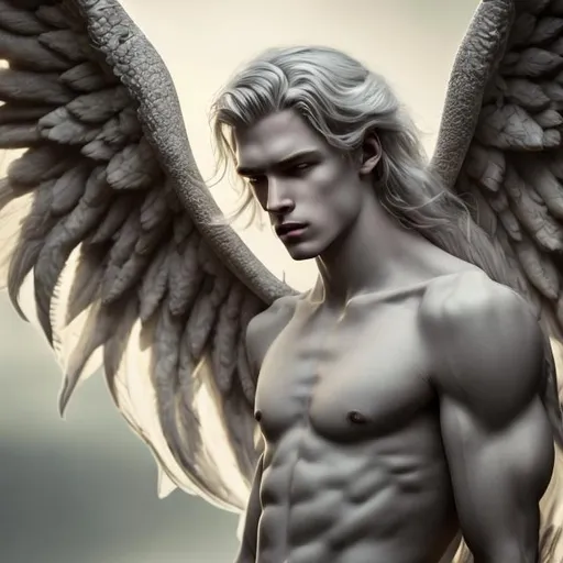 Prompt: Male beautiful angel with big black wings and extra long blonde hair, pale gray eyes, great male anatomy, armonious, thin male anatomy, light contrast, awesome, intricate, detail, sunlight,nature, paradise, beatitude, natural light,aureola