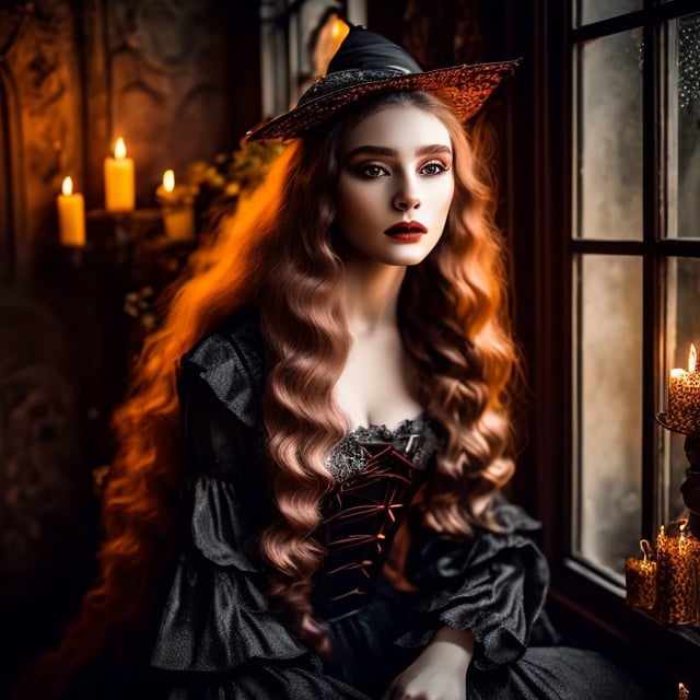 Prompt: young stunning witch, deep gray eyes, deep look, very long red hair, light contrast, baroque intricate portrait, young female witch sitting in her garden house
