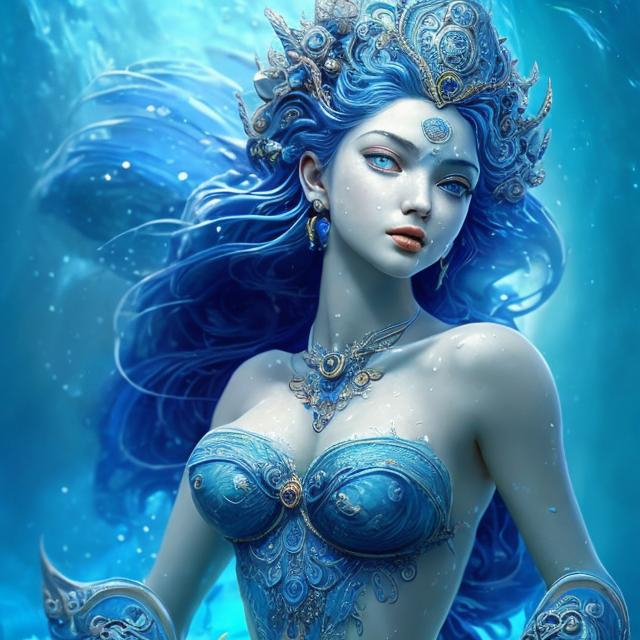 Prompt: Beautiful, powerful Goddes of Sea, blue ratio, perfect female beauty, intricate, detailed, ultramarine, sea, light contrast, Sea Nymph