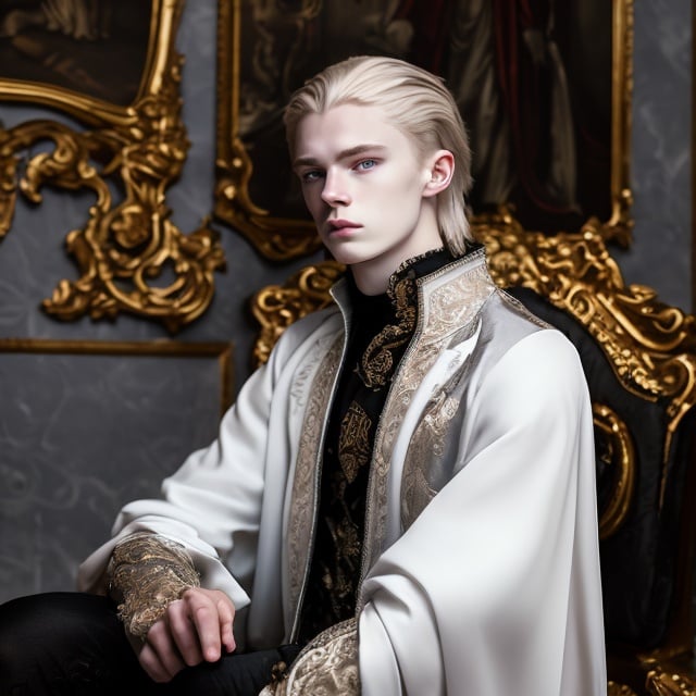 Prompt: young stunning male beauty with delicate pale face, deep gray eyes, deep look, very long blonde hair, light contrast, male noble beauty, rinascimental portrait, young male noble sitting in his rich baroque house, wearing rich intricate black dress