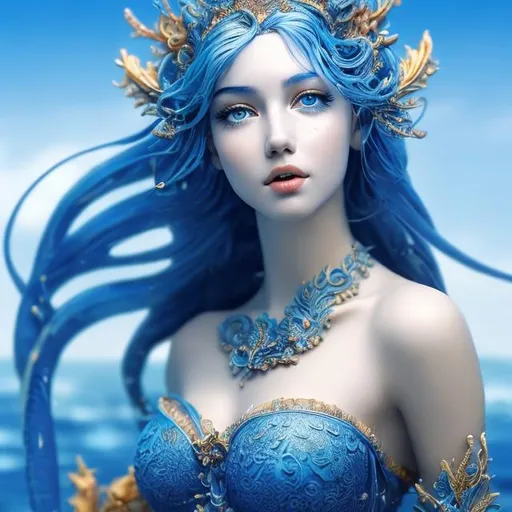 Prompt: Beautiful goddes of Sea, blue ratio, perfect female beauty, intricate, detailed, ultramarine, sea, light contrast, Sea Nymph