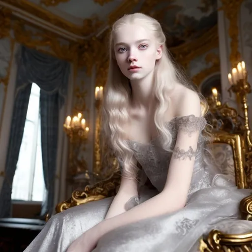 Prompt: young stunning female beauty with delicate pale face, deep gray eyes, deep look, very long blonde hair, light contrast, female noble beauty, rinascimental portrait, baroque rich dress, young female noble sitting in her rich baroque house