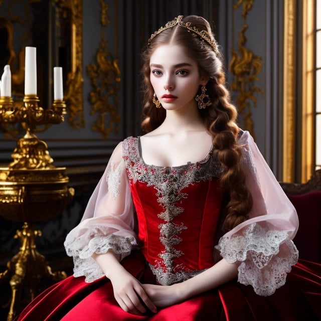 Prompt: young stunning female beauty, deep gray eyes, deep look, very long red hair, light contrast, baroque intricate portrait, baroque rich detailed dress, young female noble sitting in her rich baroque house,  baroque painting art
