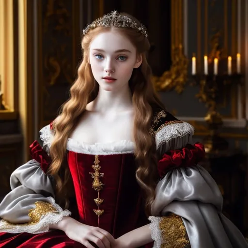 Prompt: young stunning female beauty with delicate pale face, deep gray eyes, deep look, very long red hair, light contrast, female noble beauty, baroque intricate portrait, baroque rich detailed dress, young female noble sitting in her rich baroque house, style of François Boucher