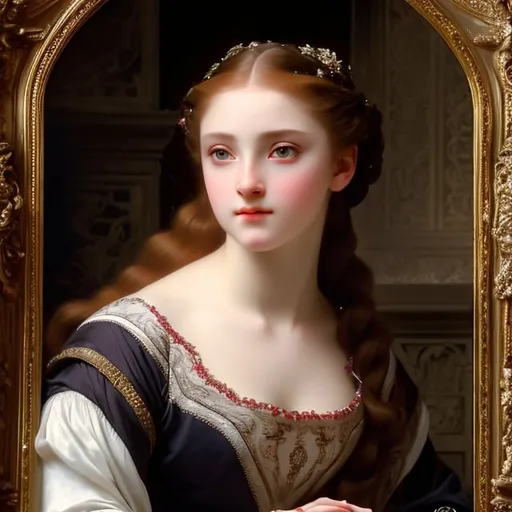 Prompt: young stunning female beauty, deep gray eyes, deep look, very long red hair, light contrast, baroque intricate portrait, baroque rich detailed dress, young female noble sitting in her rich baroque house, style of William-Adolphe Bouguereau 