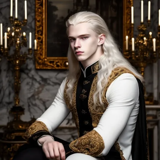 Prompt: young stunning male beauty with delicate pale face, deep gray eyes, very long blonde hair, light contrast, male noble beauty, rinascimental portrait, young male noble sitting in his rich baroque house, wearing rich intricate black dress